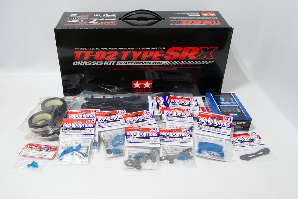 【中古販売】　タミヤ　TT-02 TYPE SRX　オプションパーツ多数付き(未組立)