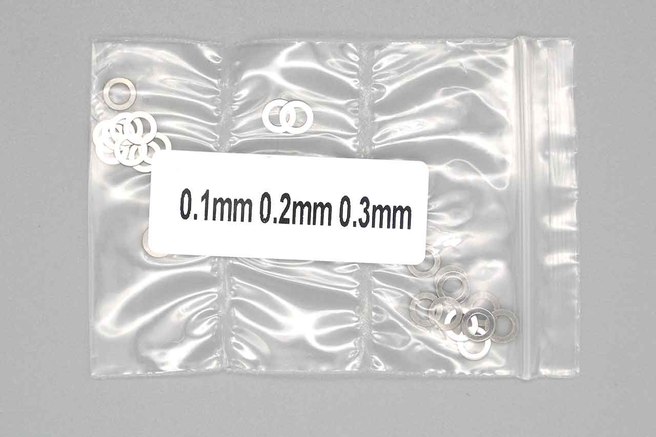 HRDプロジェクト　Shim Set 3x5mm (0.1/0.2/0.3mm) 10pcs each / シムセット 3x5mm(0.1/0.2/0.3mm 各10枚入り)　MRD-AC001